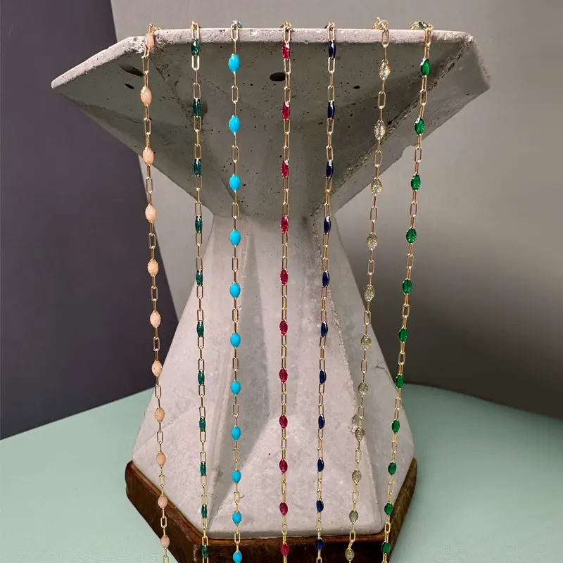 Gold-Filled Alternating Paperclip Chain Footage with Ruby Enamel